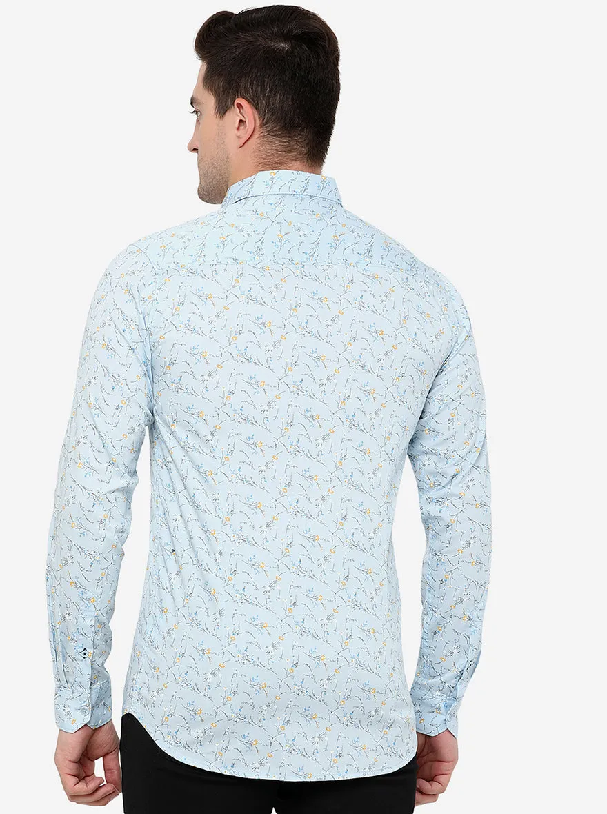 Sky Blue Printed Slim Fit Semi Casual Shirt | JadeBlue