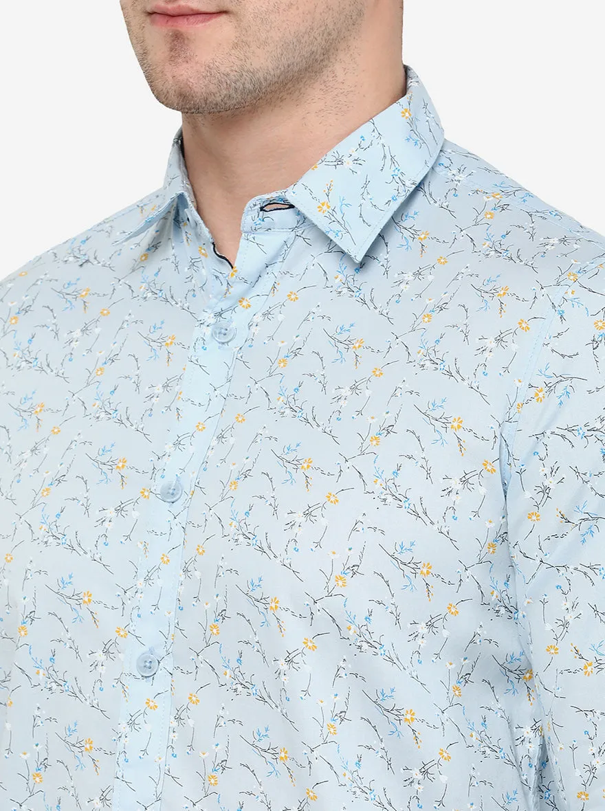 Sky Blue Printed Slim Fit Semi Casual Shirt | JadeBlue