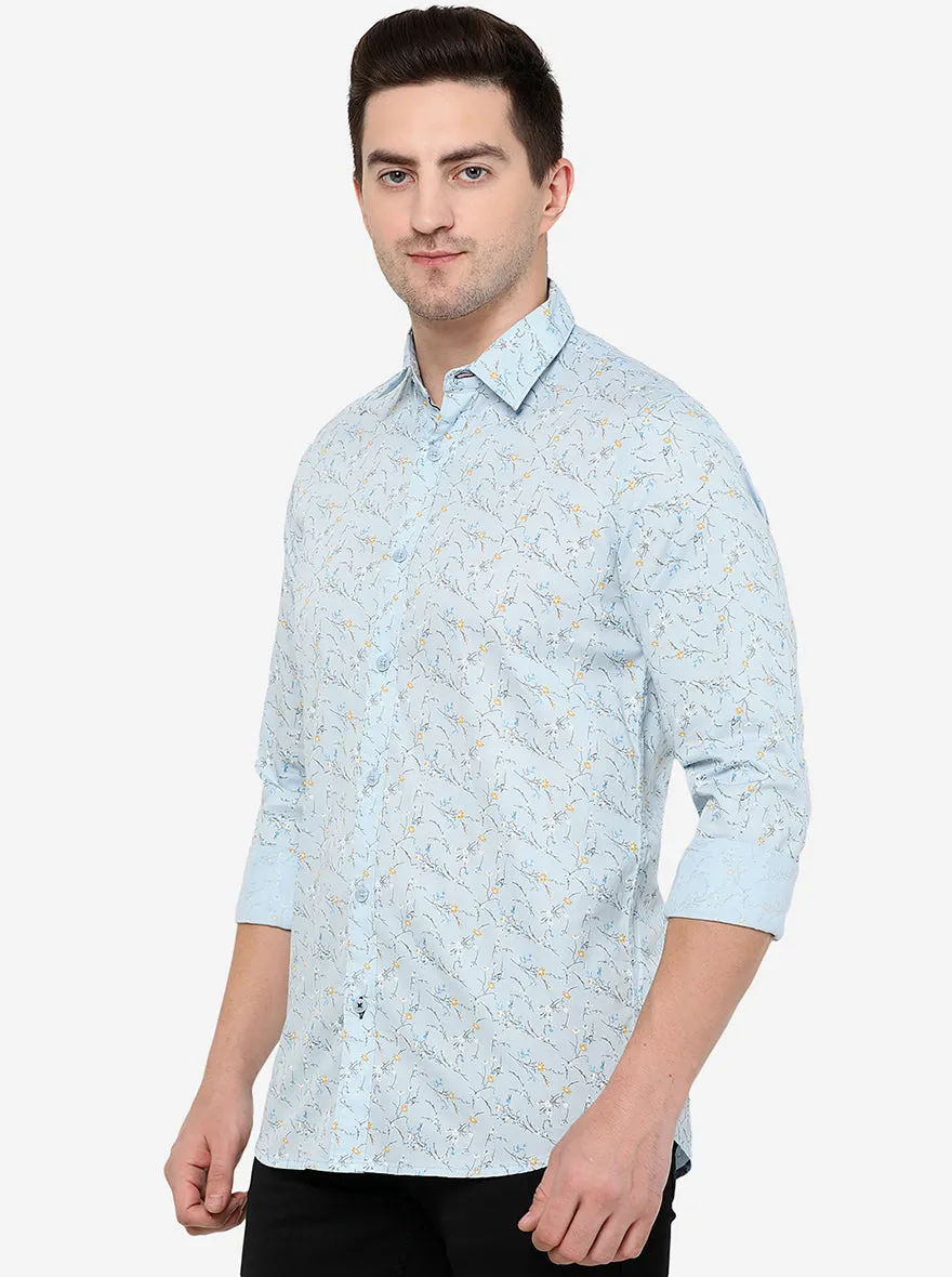 Sky Blue Printed Slim Fit Semi Casual Shirt | JadeBlue