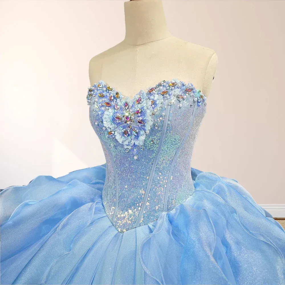 Sky Blue Quinceanera Dress with Pleats and Flowers