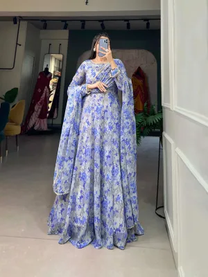 Sky Blue Ready-to-Wear Georgette Gown with Matching Dupatta