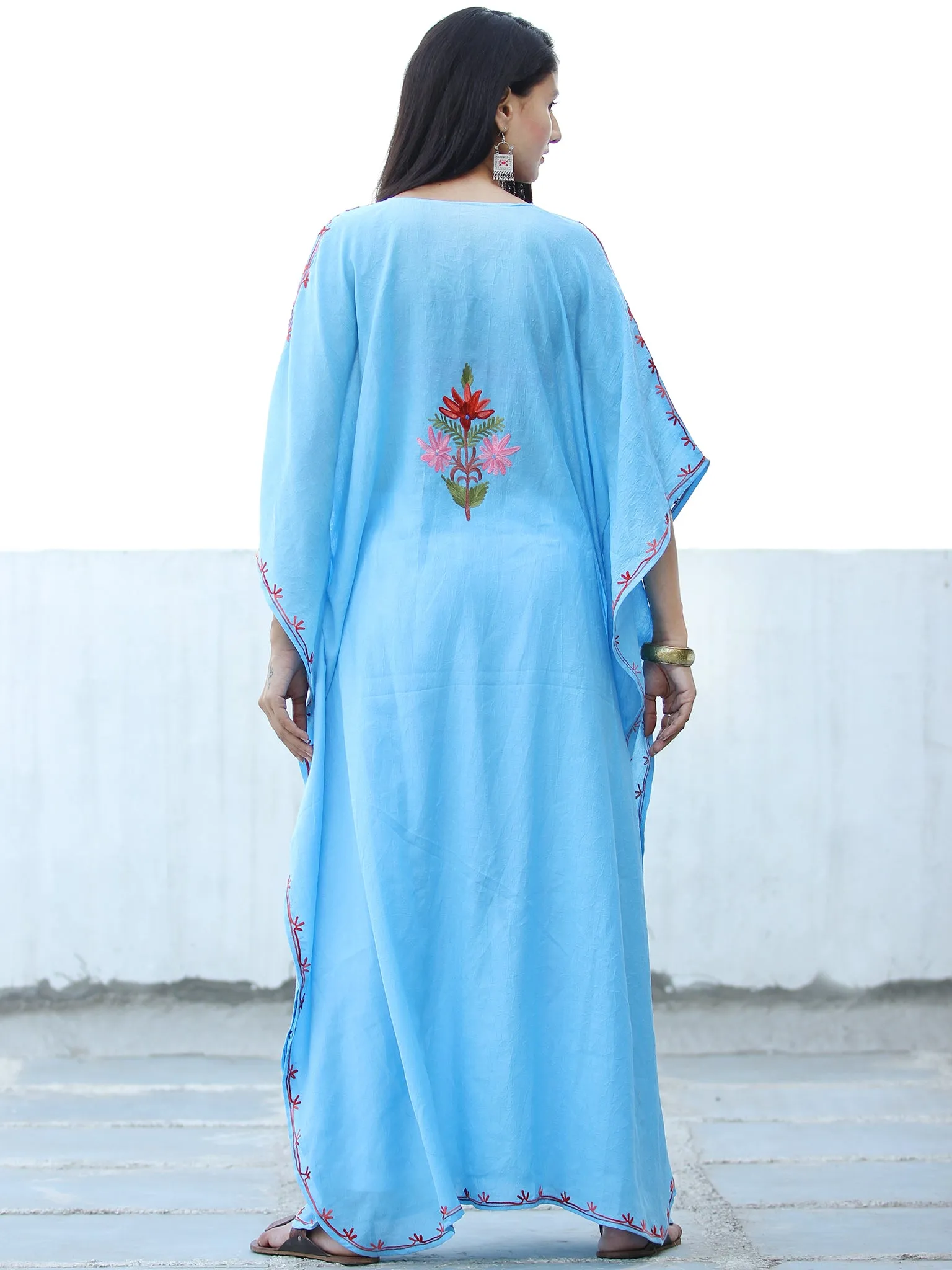 Sky Blue Red  Aari Embroidered Kashmere Free Size Kaftan in Crushed Cotton - K11K060