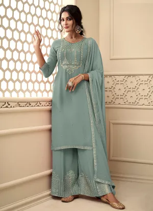 Sky Blue Rehsamkari Embroidered Designer Palazzo Suit