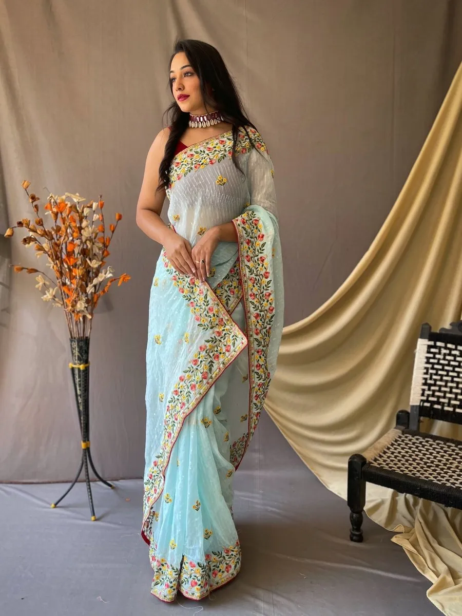 Sky Blue Saree in Georgette Sequins Embroidered