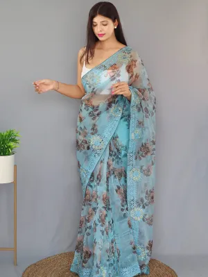 Sky Blue Saree in Organza Digital Floral Printed with Embroidered Work