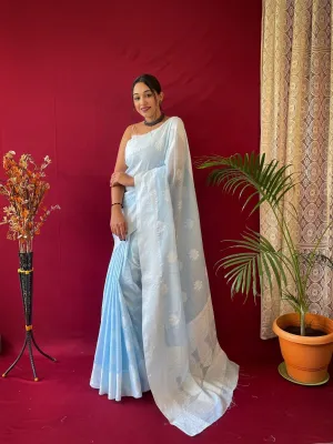 Sky Blue Saree in Pure Linen Lucknowi