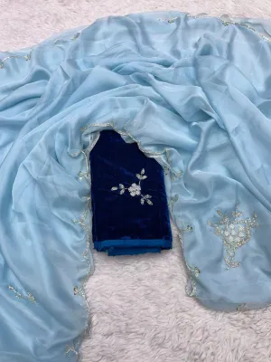 Sky Blue Soft Organza Saree with Exquisite Handwork & Velvet Silk Blouse