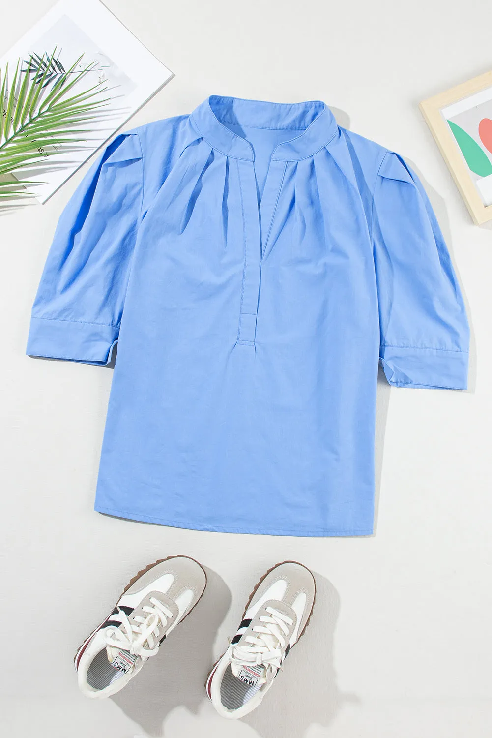 Sky Blue Solid Color Puff Short Sleeve Pleated Blouse