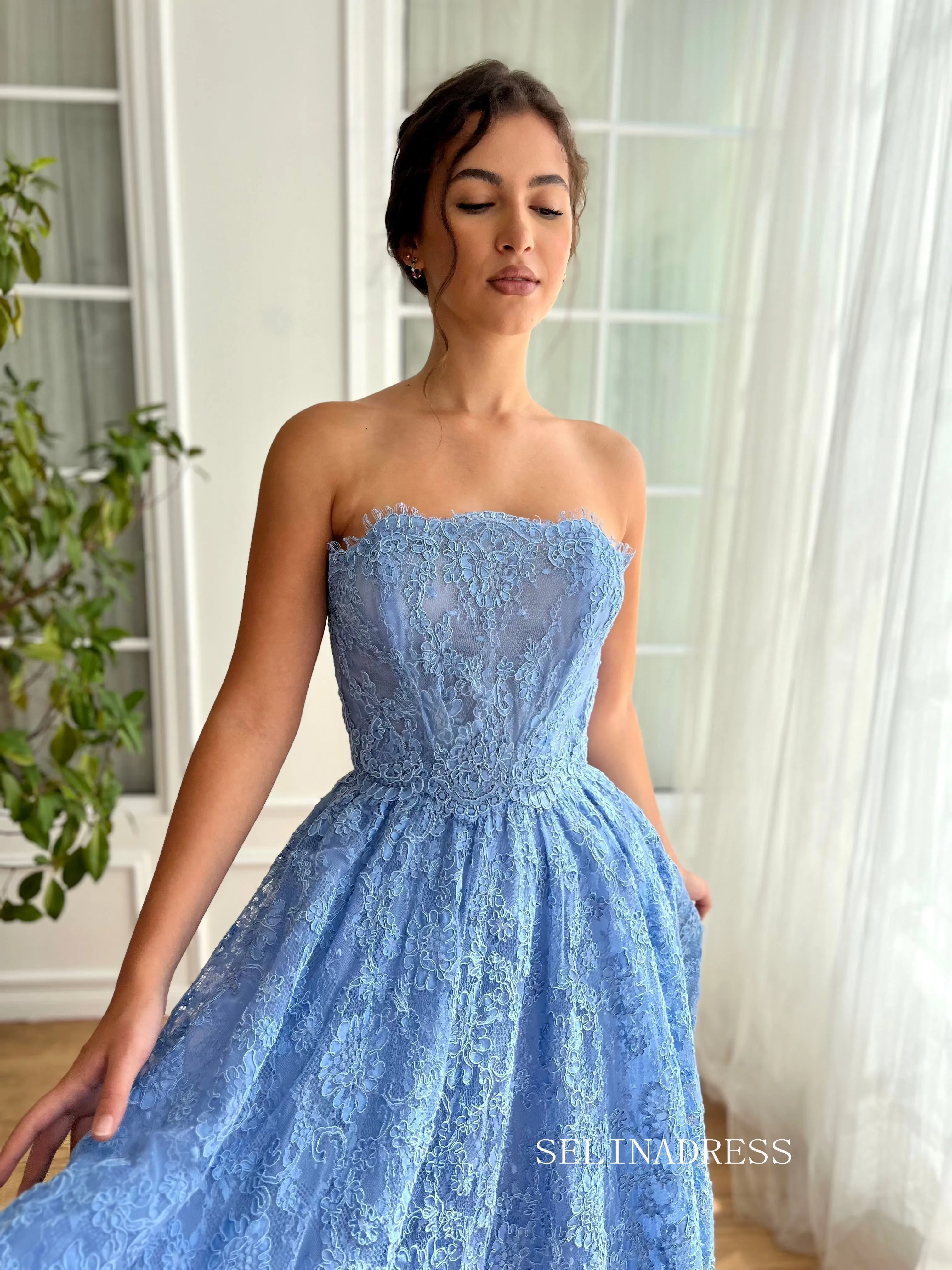 Sky Blue Strapless Lace Midi Prom Dress A line Short Party Dress JKL3125