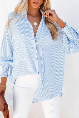 Sky Blue Striped Boyfriend Shirt with Smocked Cuffs