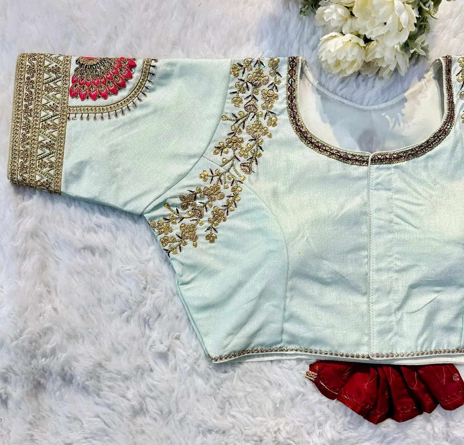 Sky Blue Wedding Wear Blouse in Raspberry Silk with Exquisite Embroidery and Sequins