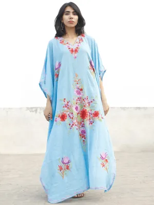 Sky Blue with Multi color Aari Embroidered Long Kashmere Free Size Kaftan in Crushed Cotton - K11K009