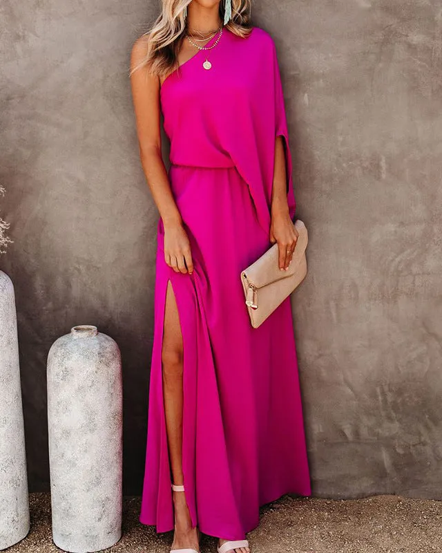 Slanted Neck Off Shoulder Side Slit Elegant Dress