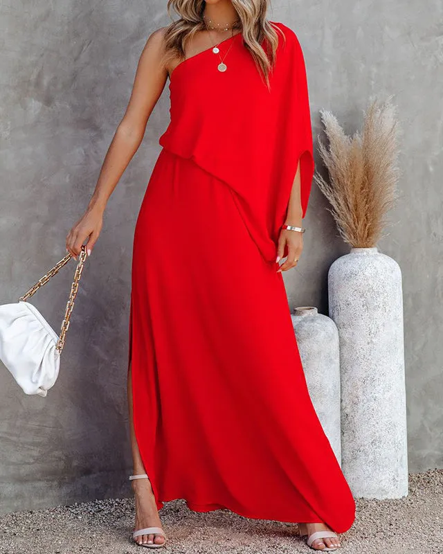 Slanted Neck Off Shoulder Side Slit Elegant Dress