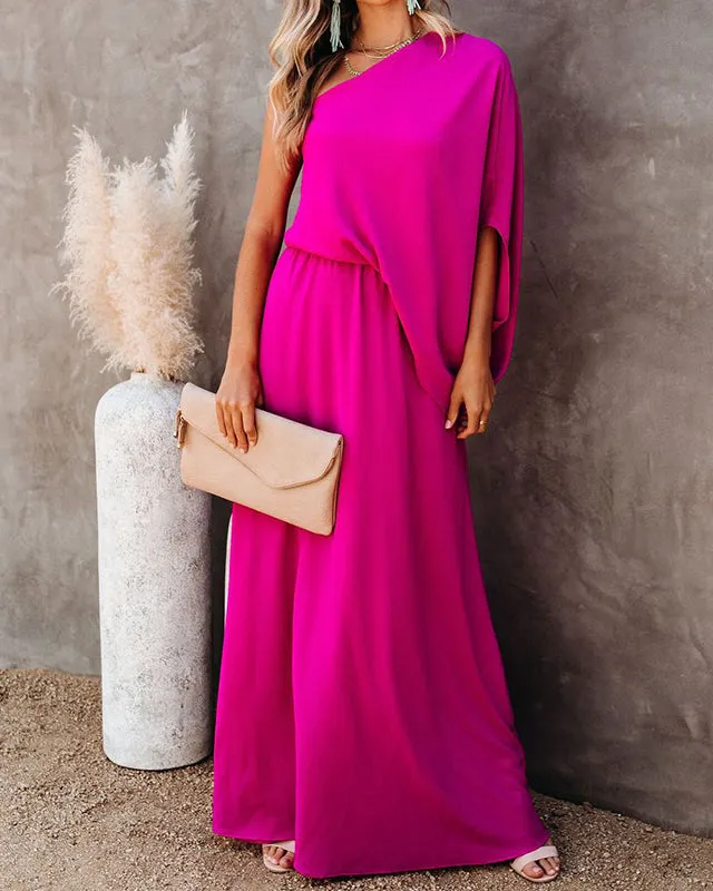 Slanted Neck Off Shoulder Side Slit Elegant Dress