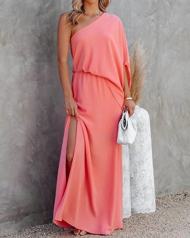 Slanted Neck Off Shoulder Side Slit Elegant Dress