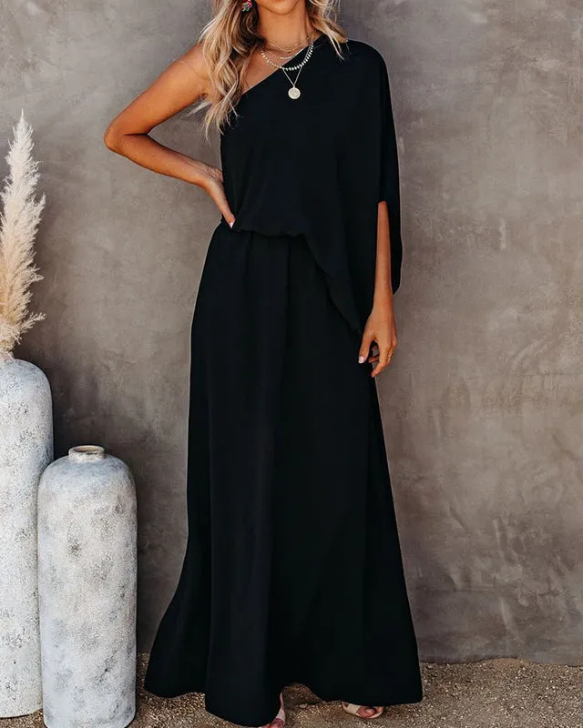 Slanted Neck Off Shoulder Side Slit Elegant Dress