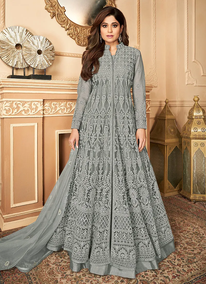 Slate Grey Lucknowi Embroidered Anarkali Lehenga