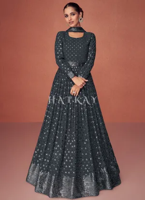 Slate Grey Sequence Embroidered Festive Anarkali Suit