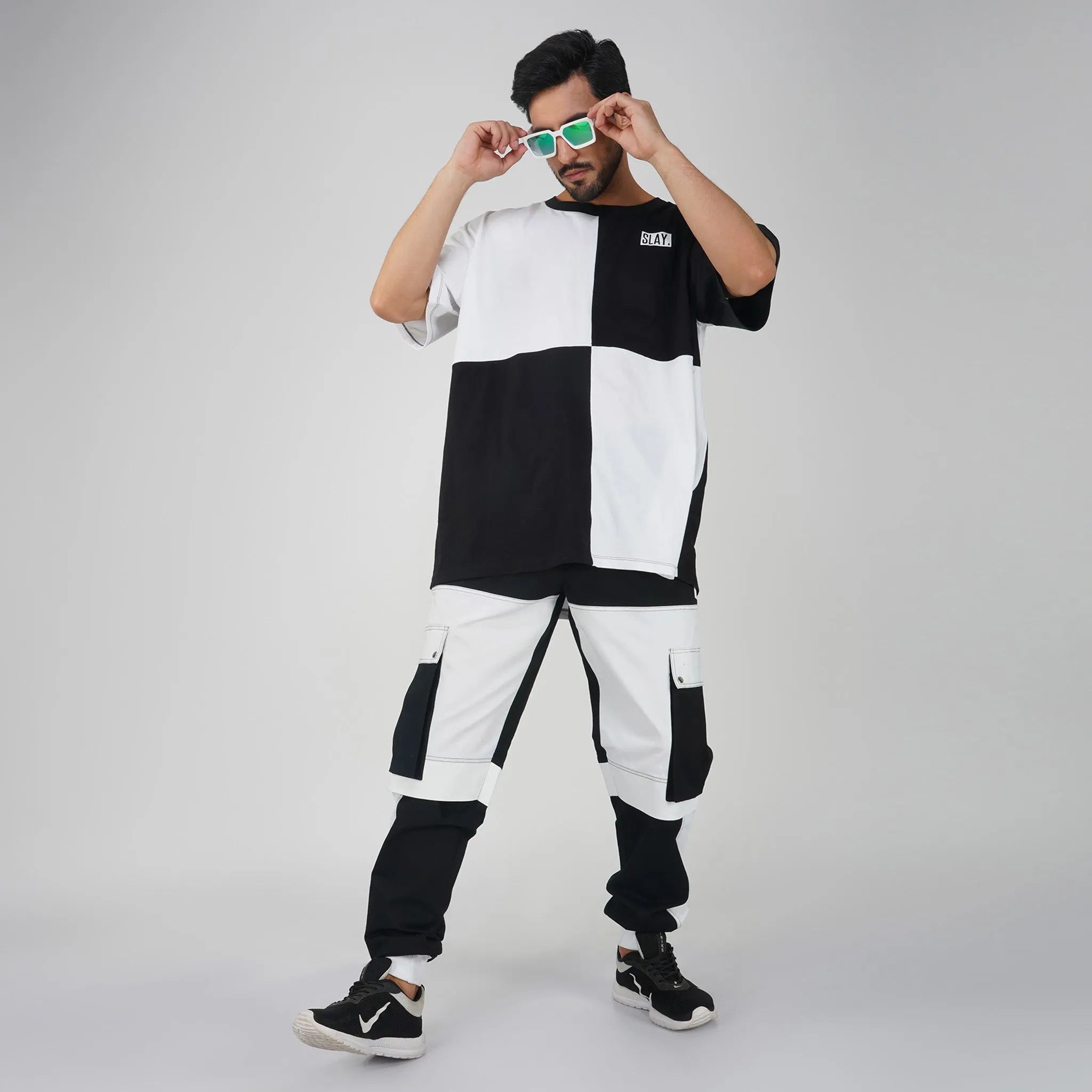 SLAY. Men's Colorblock Black & White Utility Cargo Pants