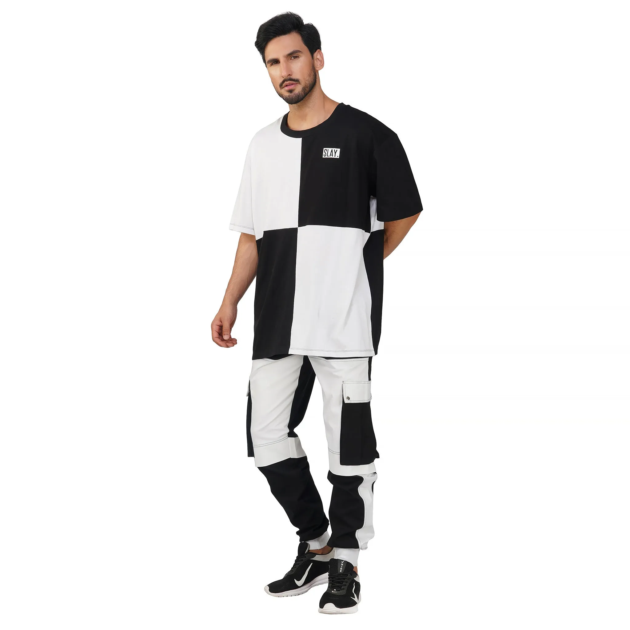 SLAY. Men's Colorblock Black & White Utility Cargo Pants