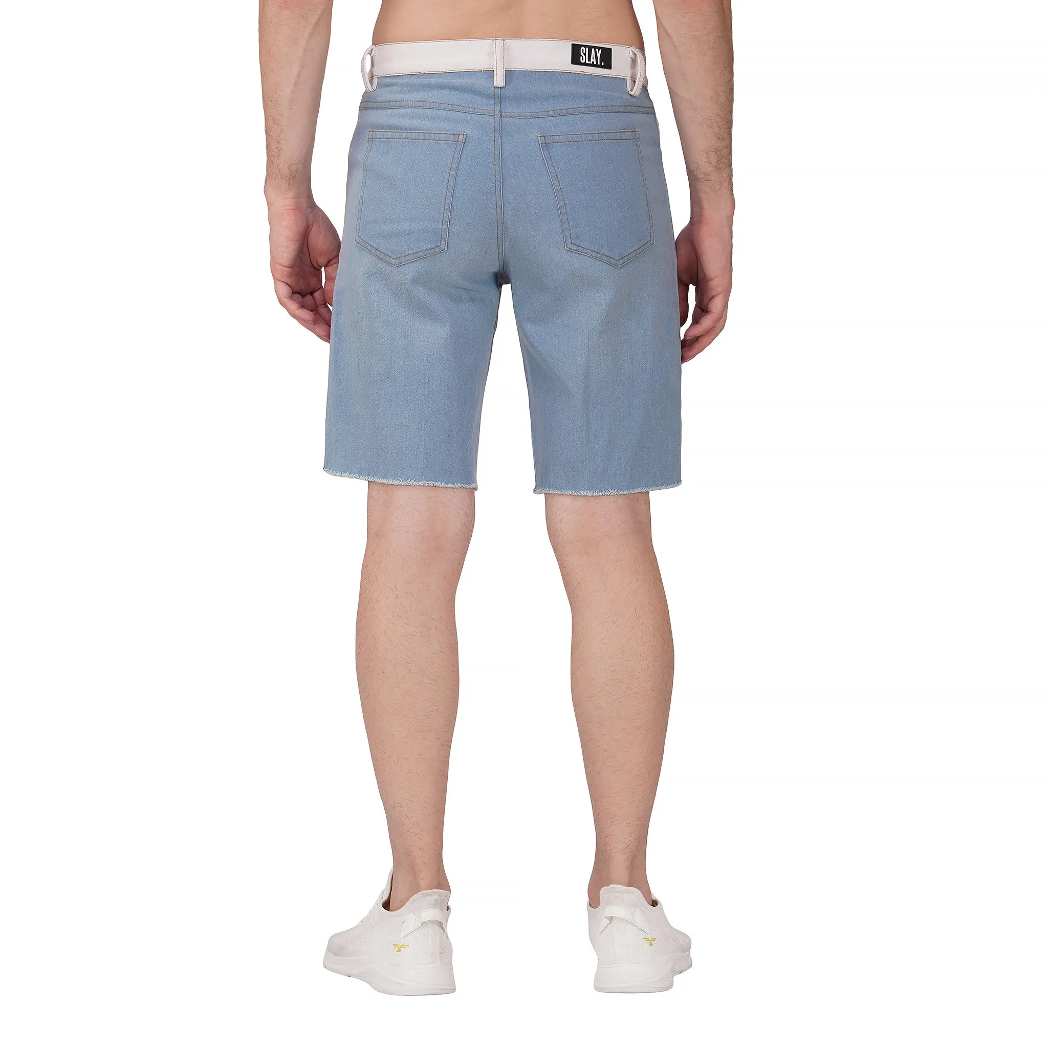 SLAY. Men's Enzyme Washed Denim Shorts with White Waist Border