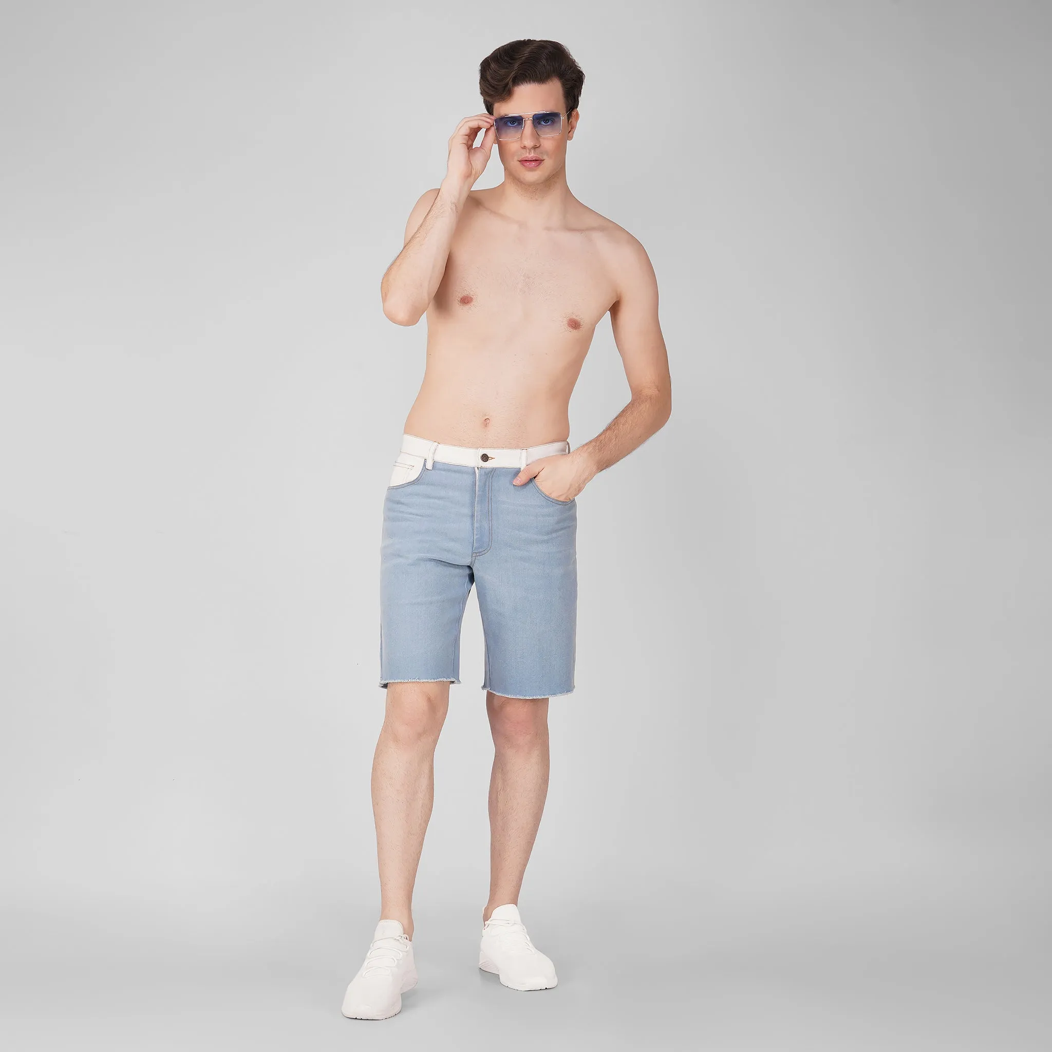 SLAY. Men's Enzyme Washed Denim Shorts with White Waist Border