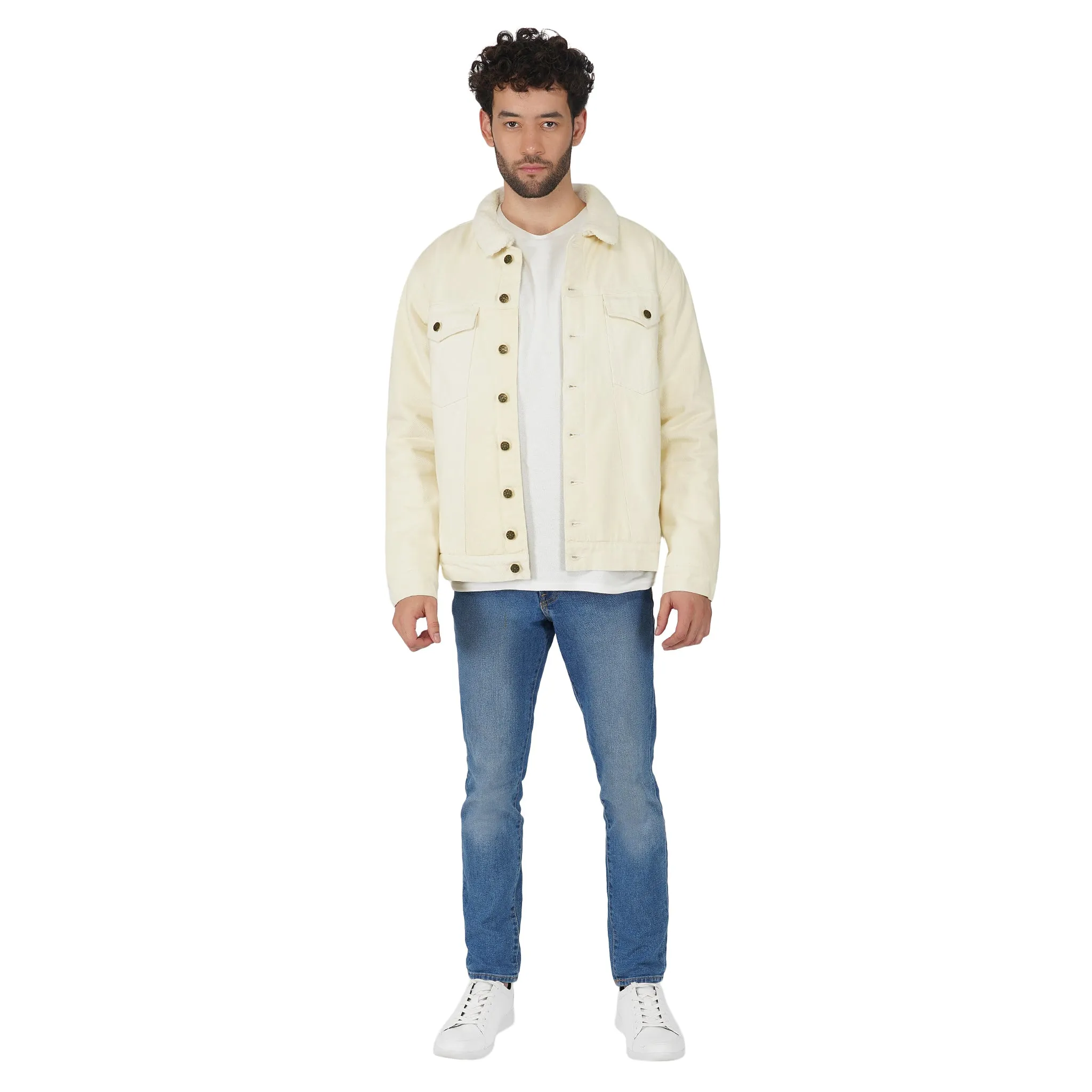 SLAY. Men's Full Sleeves Off-white Solid Button-Down Denim Jacket with Faux-fur Lining