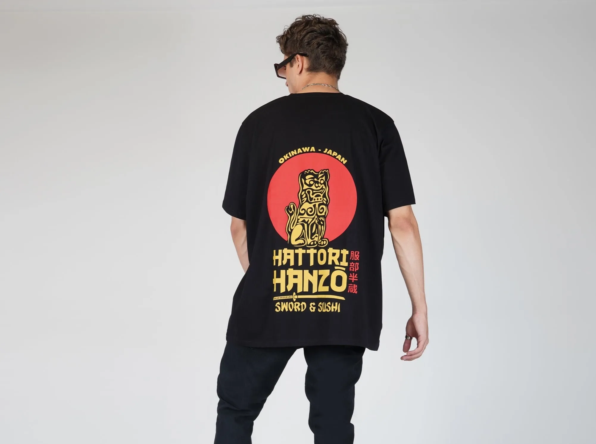 SLAY. Men's Hattori Hanzo Sword & Sushi Oversized Drop Shoulder T shirt