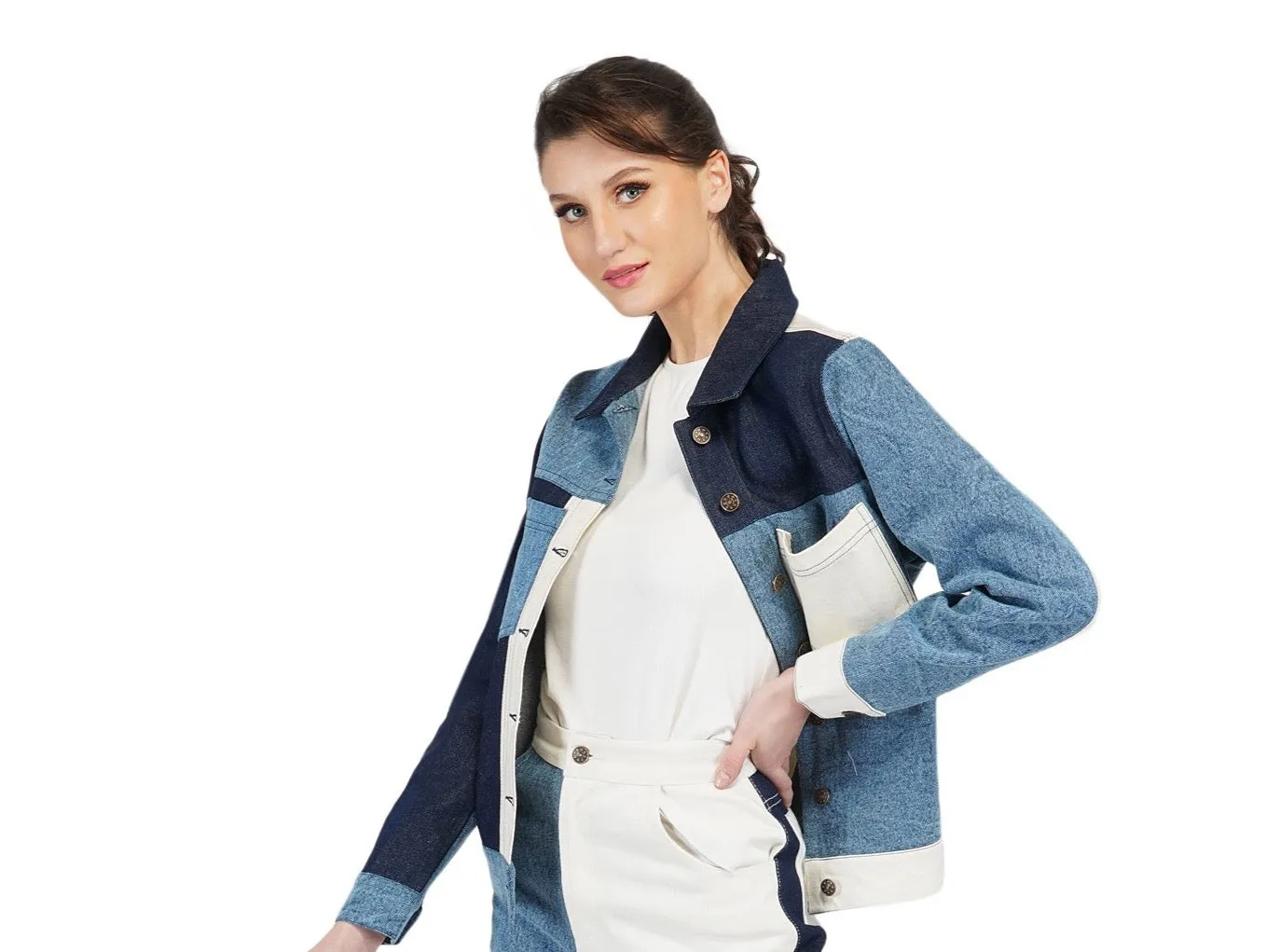 SLAY. Women's Blue White Colorblock Denim Jacket