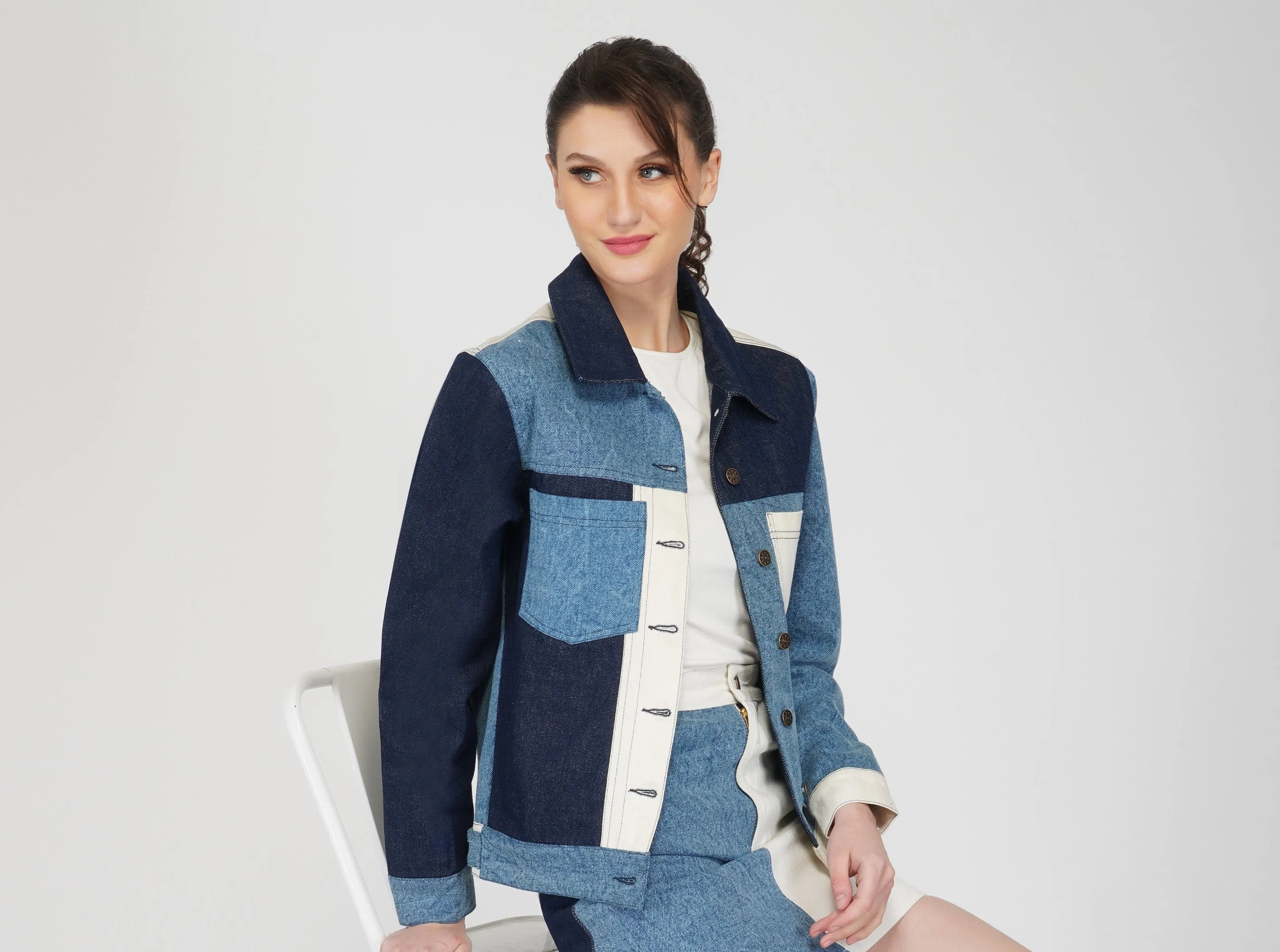 SLAY. Women's Blue White Colorblock Denim Jacket