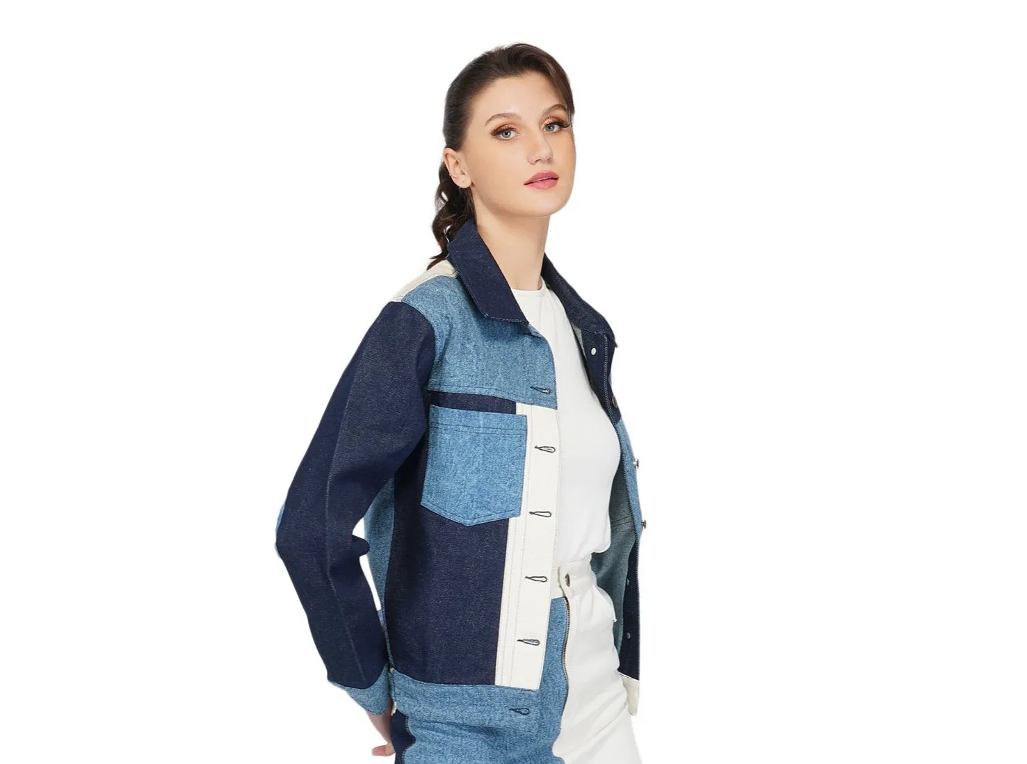 SLAY. Women's Blue White Colorblock Denim Jacket