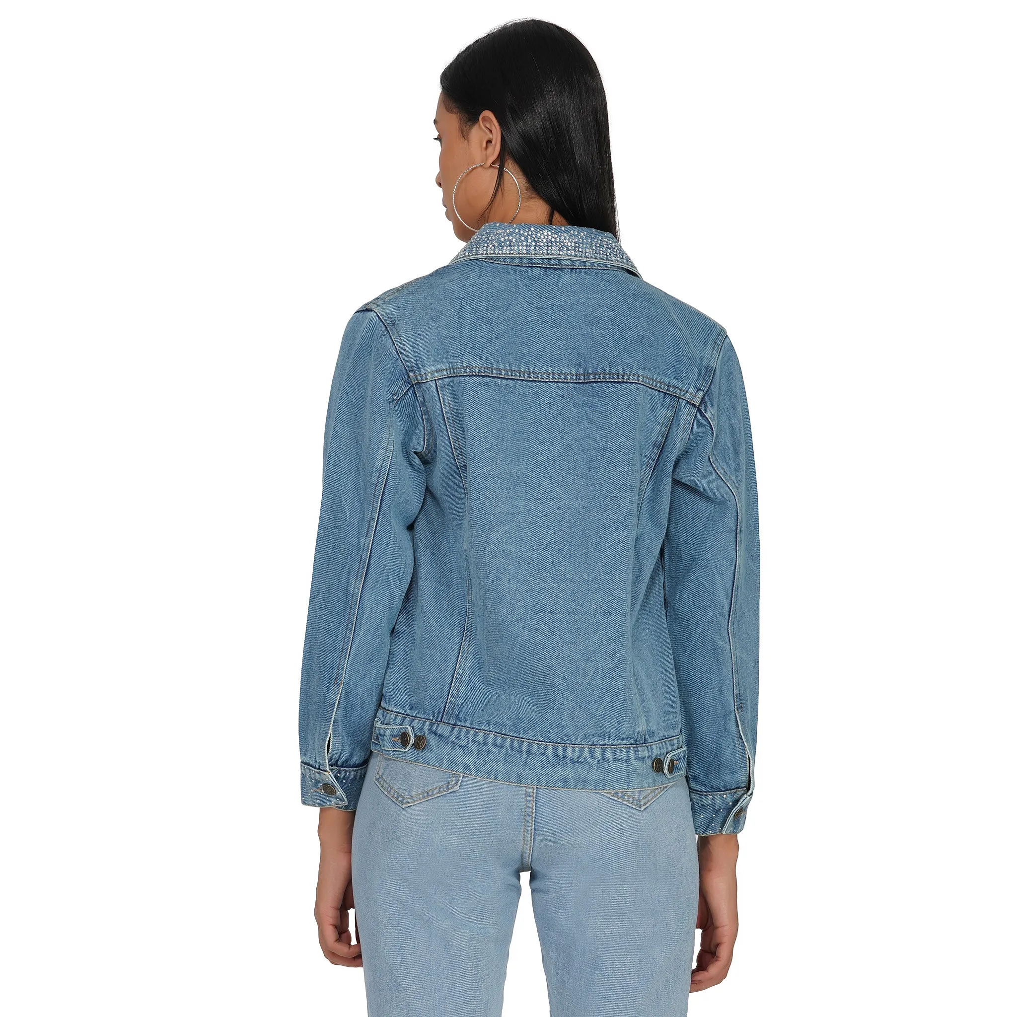 SLAY. Women's Crystal Studded Collar/Sleeve Washed Denim Button-Down Vintage Denim Jacket