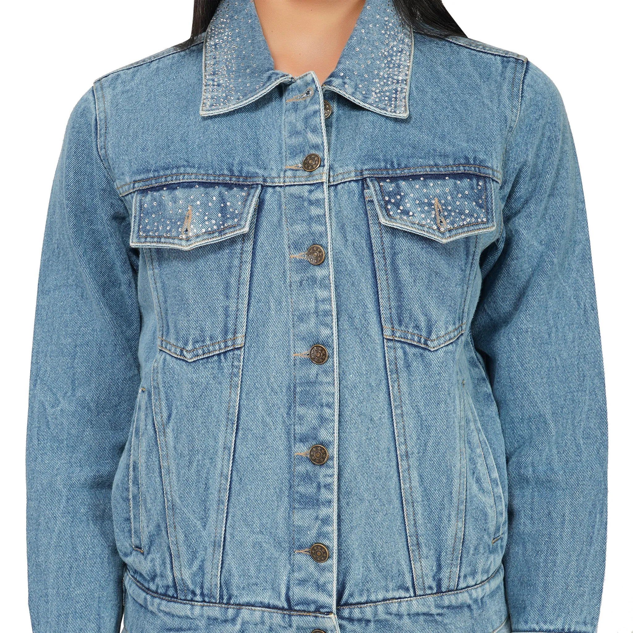 SLAY. Women's Crystal Studded Collar/Sleeve Washed Denim Button-Down Vintage Denim Jacket