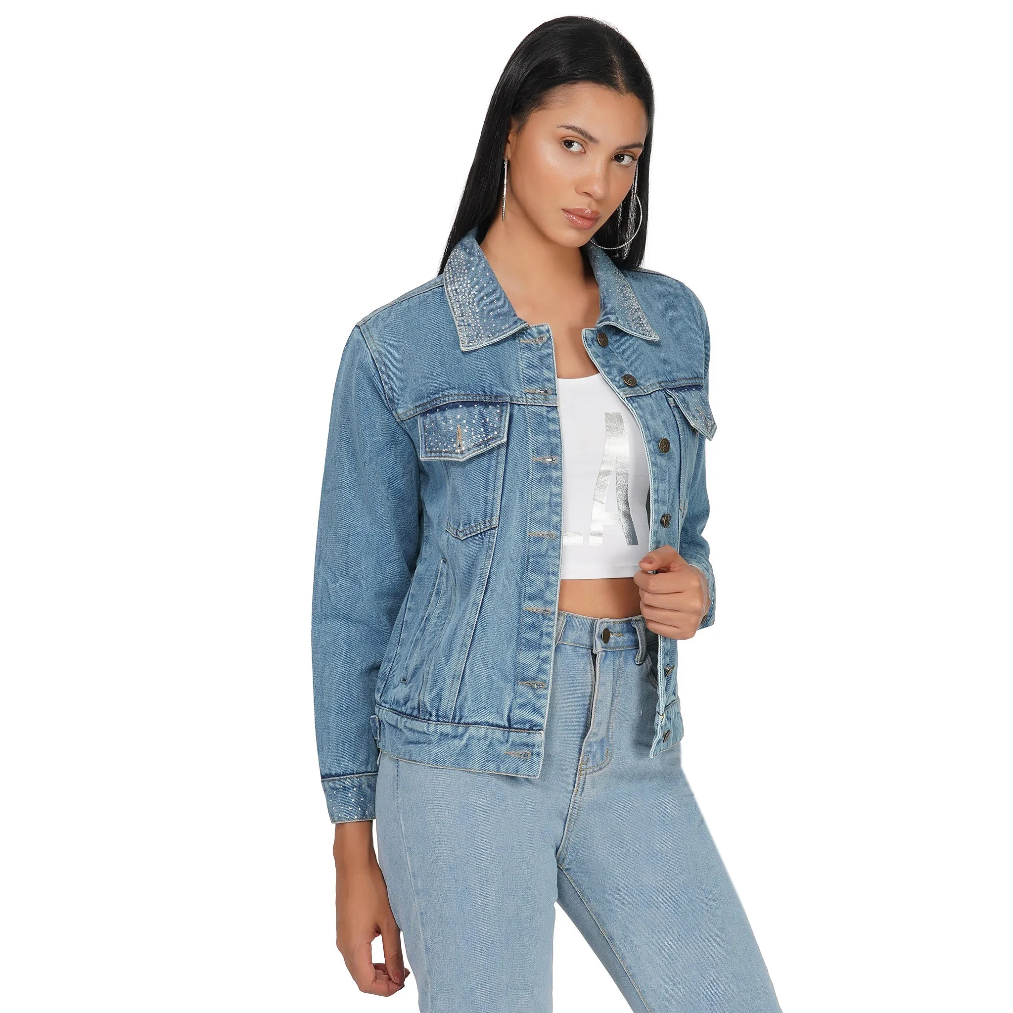 SLAY. Women's Crystal Studded Collar/Sleeve Washed Denim Button-Down Vintage Denim Jacket