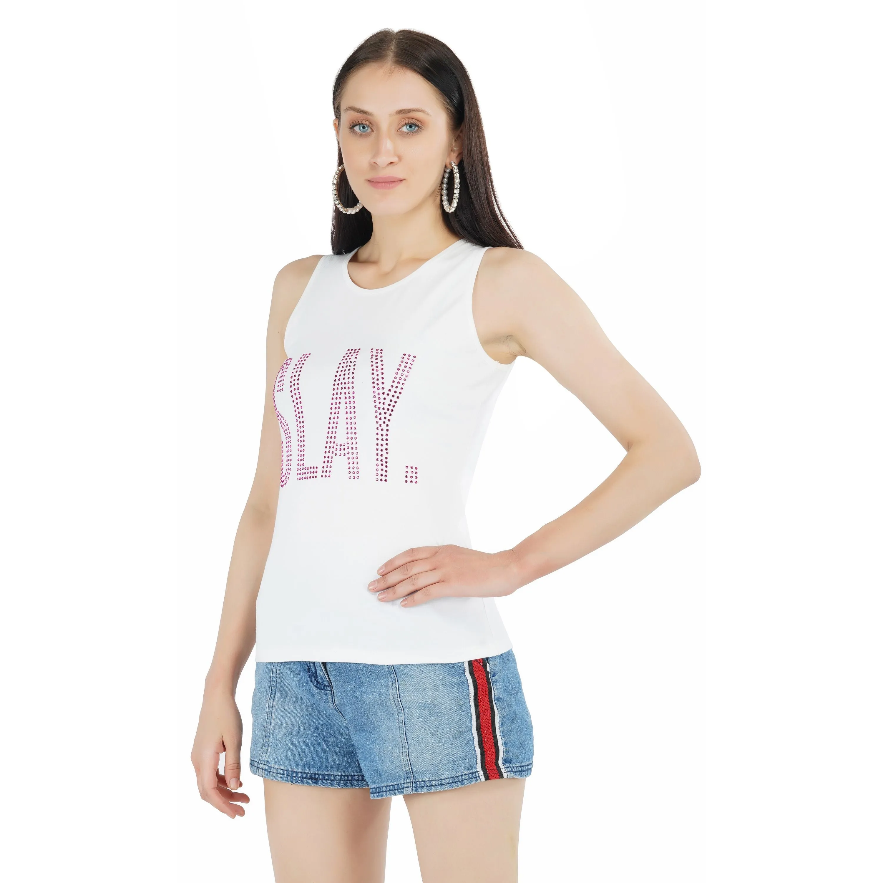 SLAY. Women's Pink Crystal Embellished Tank Top