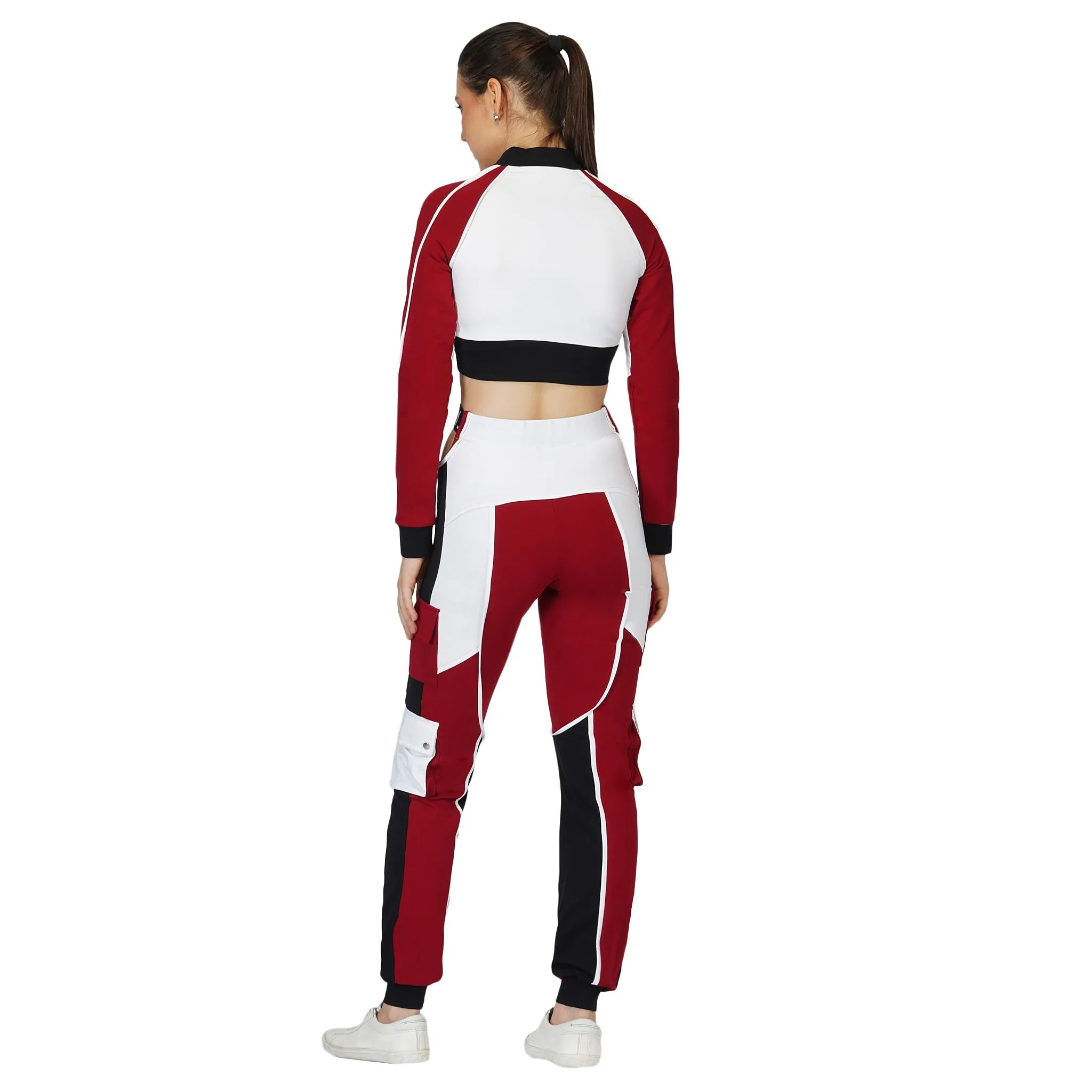 SLAY. Women's Red Activewear High Waist Red Colorblock Cargo Jogger Pants Streetwear