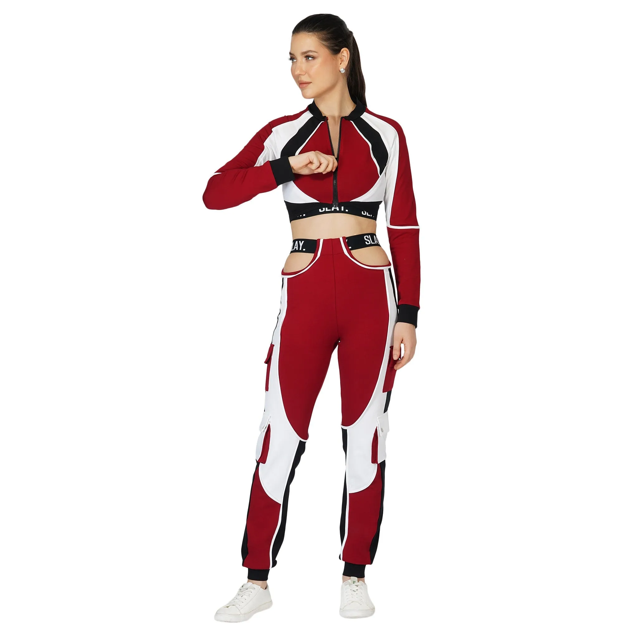 SLAY. Women's Red Activewear High Waist Red Colorblock Cargo Jogger Pants Streetwear