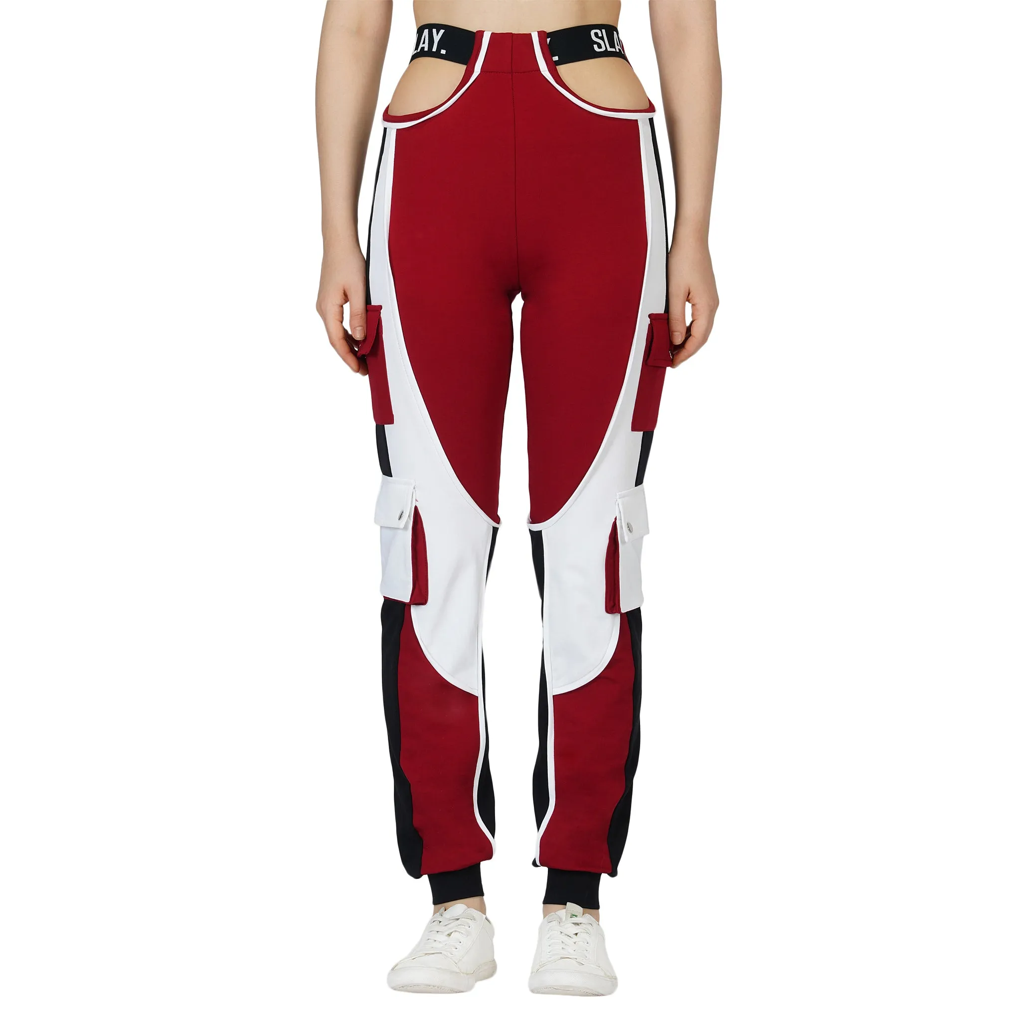 SLAY. Women's Red Activewear High Waist Red Colorblock Cargo Jogger Pants Streetwear