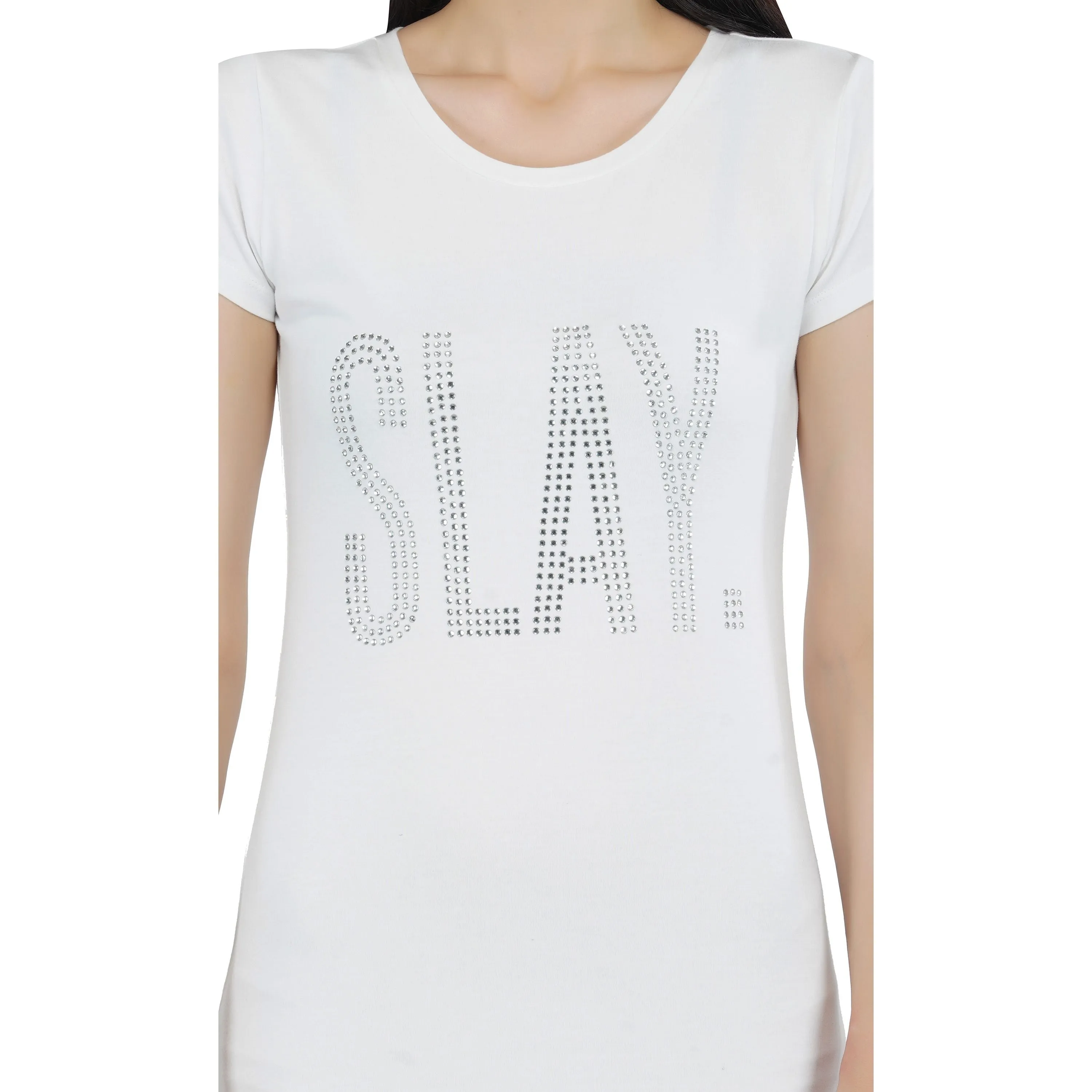 SLAY. Women's Silver Crystal Embellished White T-shirt Dress