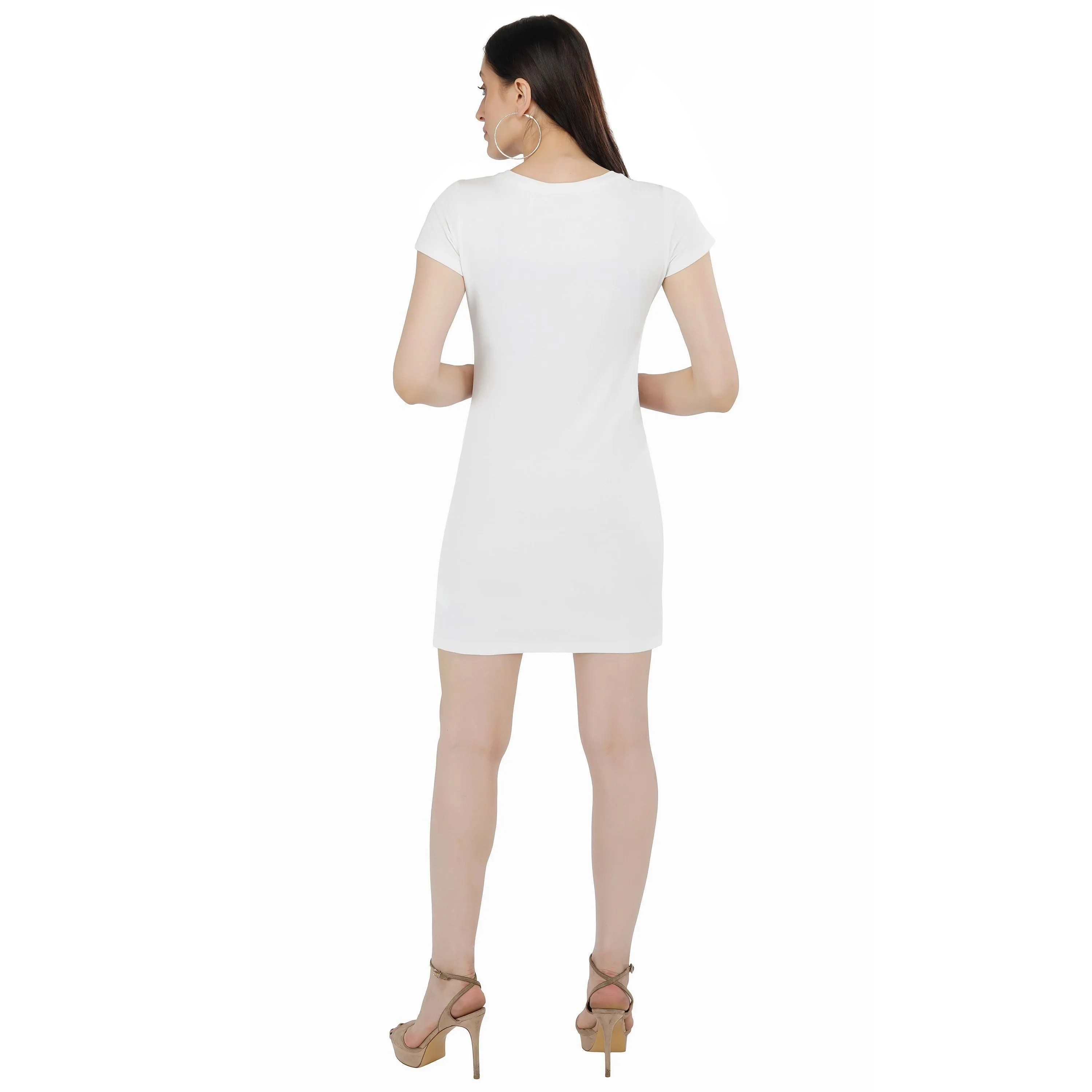 SLAY. Women's Silver Crystal Embellished White T-shirt Dress