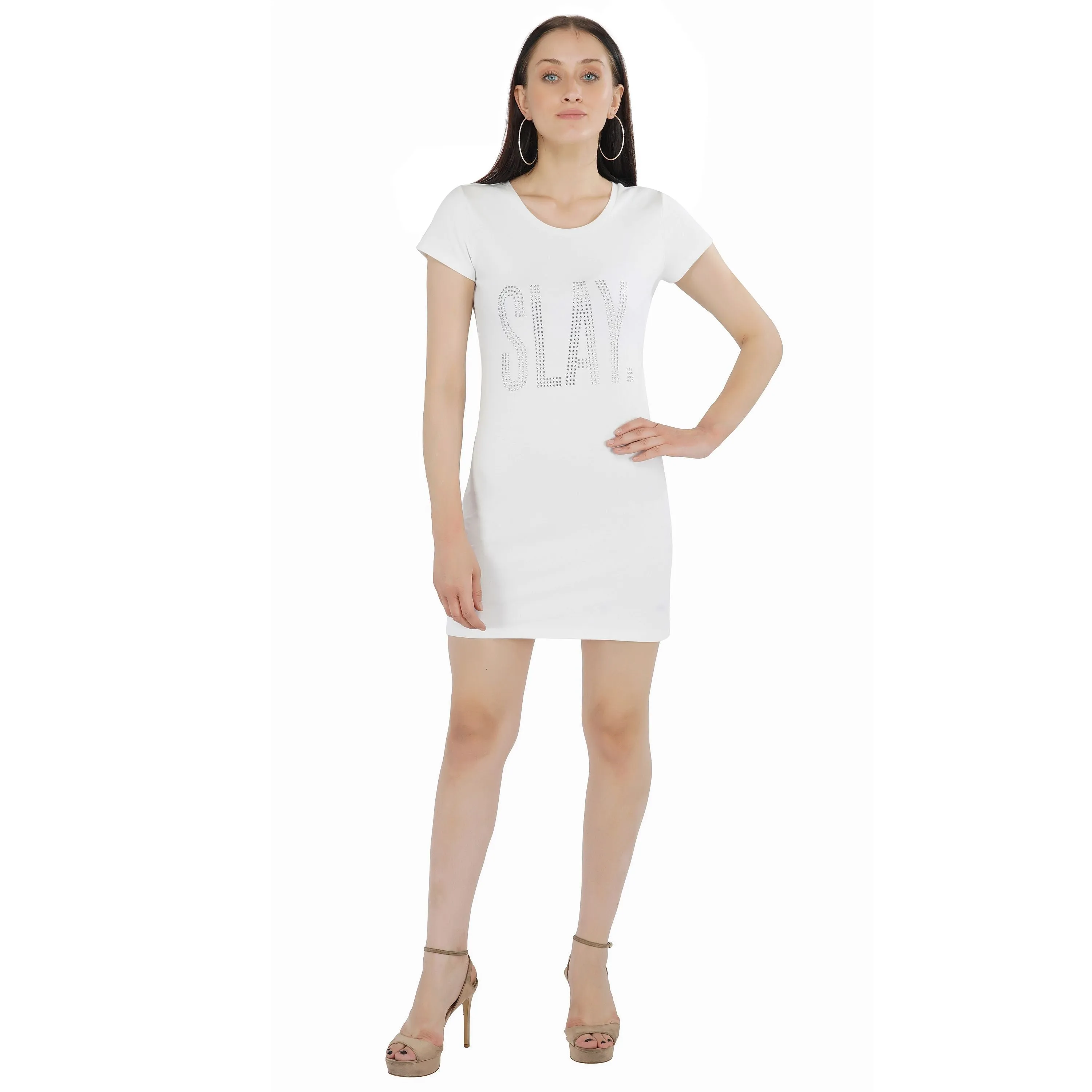 SLAY. Women's Silver Crystal Embellished White T-shirt Dress