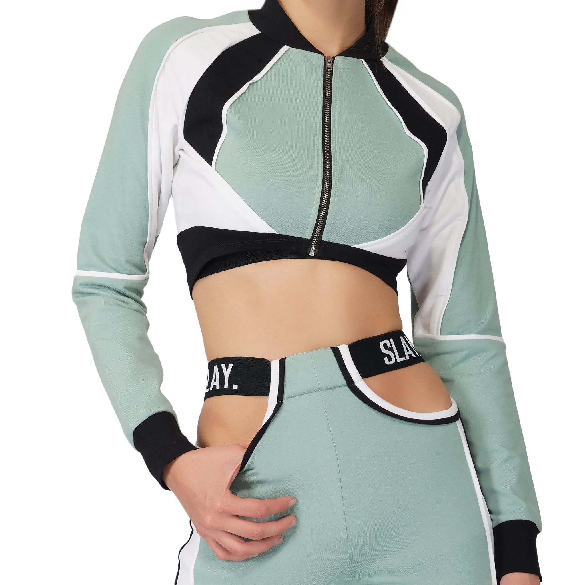 SLAY. Women's Turquoise Colorblock Crop Jacket