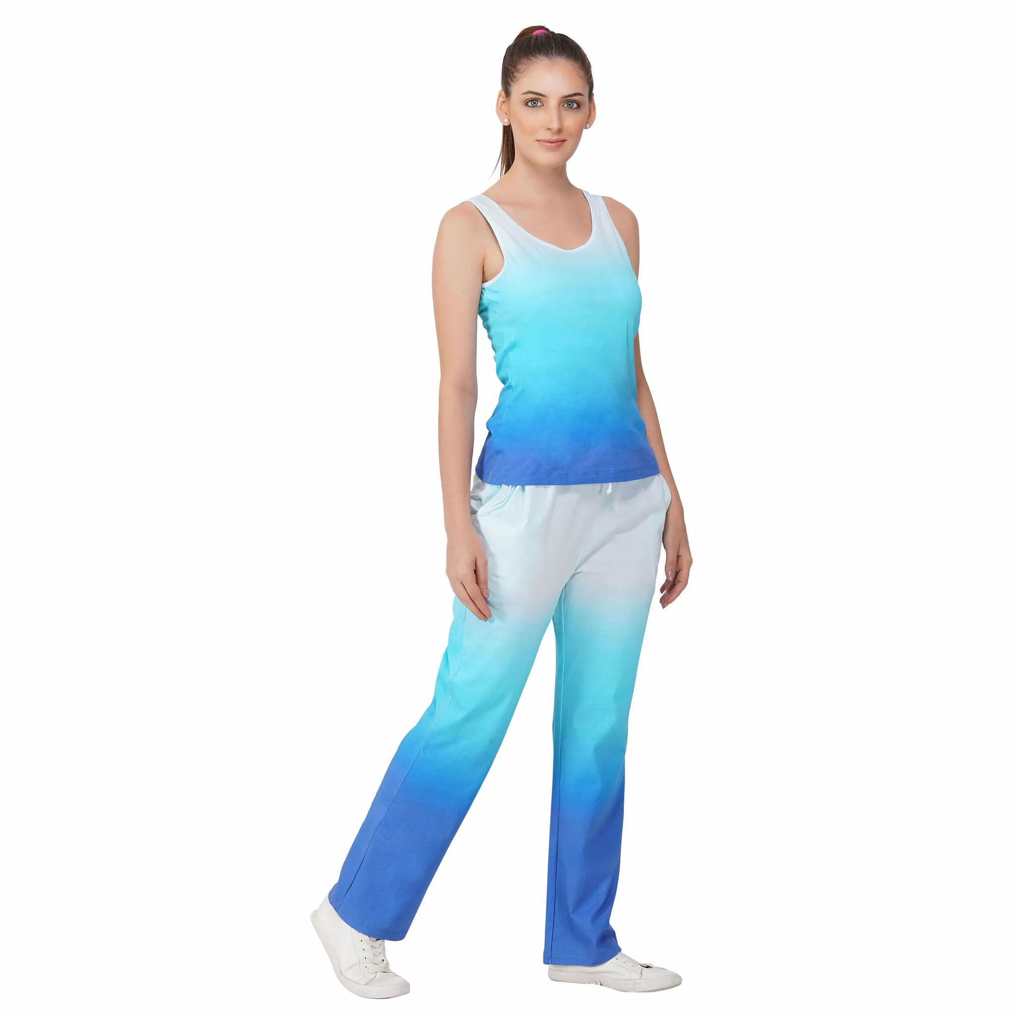 SLAY. Women's White to Blue Ombre Tank Top & Pants Co-ord Set