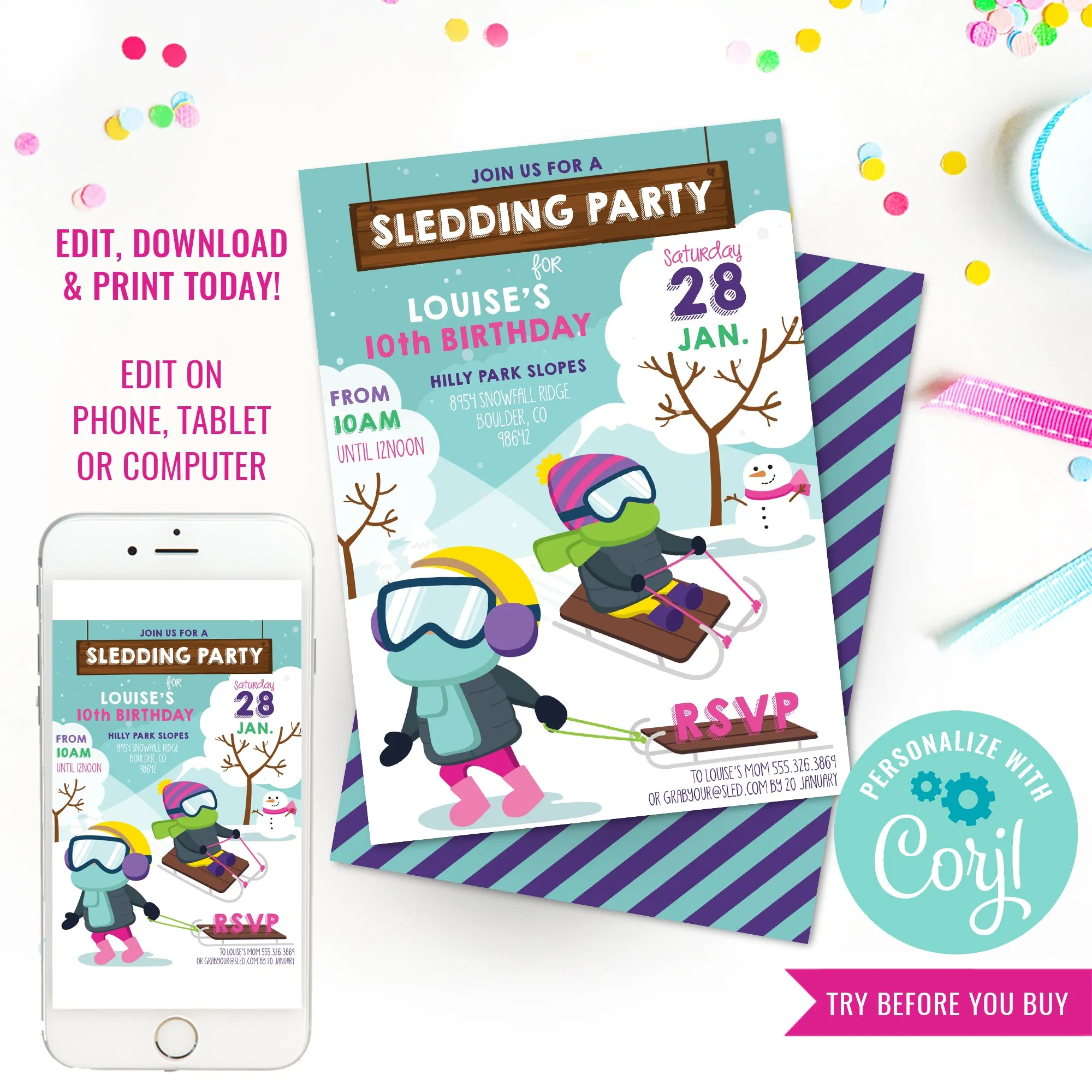 Sledding Party Invitation for Girls | Tobogganing Party Invitation