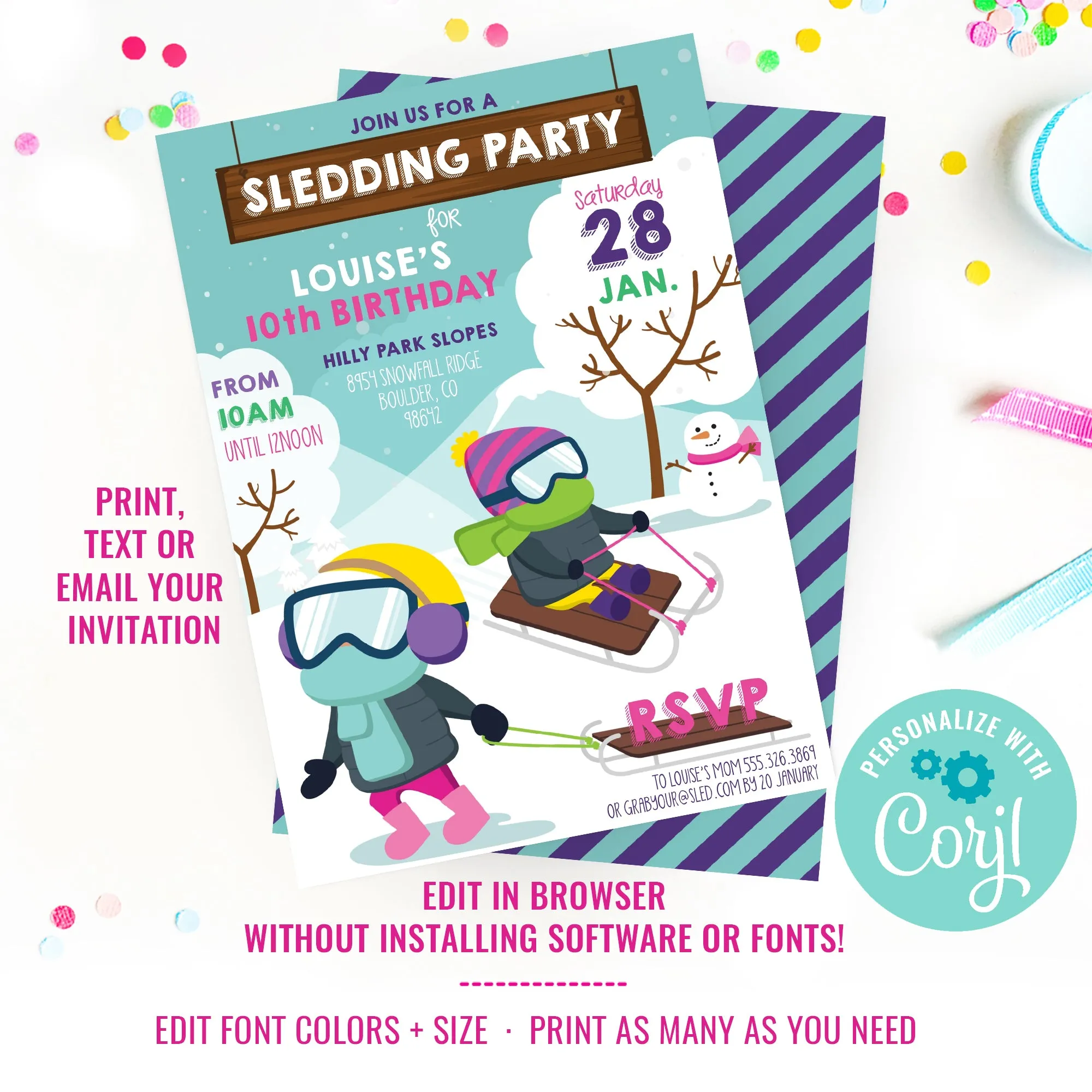 Sledding Party Invitation for Girls | Tobogganing Party Invitation