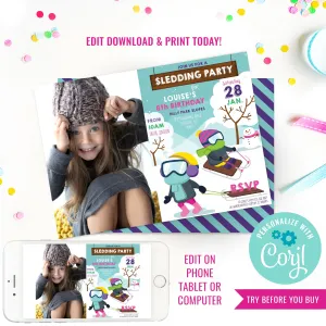 Sledding Party Invitation for Girls | Tobogganing Party Photo Invitation