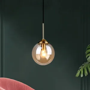 Sleek Brass Pendant Lamp with Amber/Smoke Glass Shade – Perfect for Dining Room Ceilings