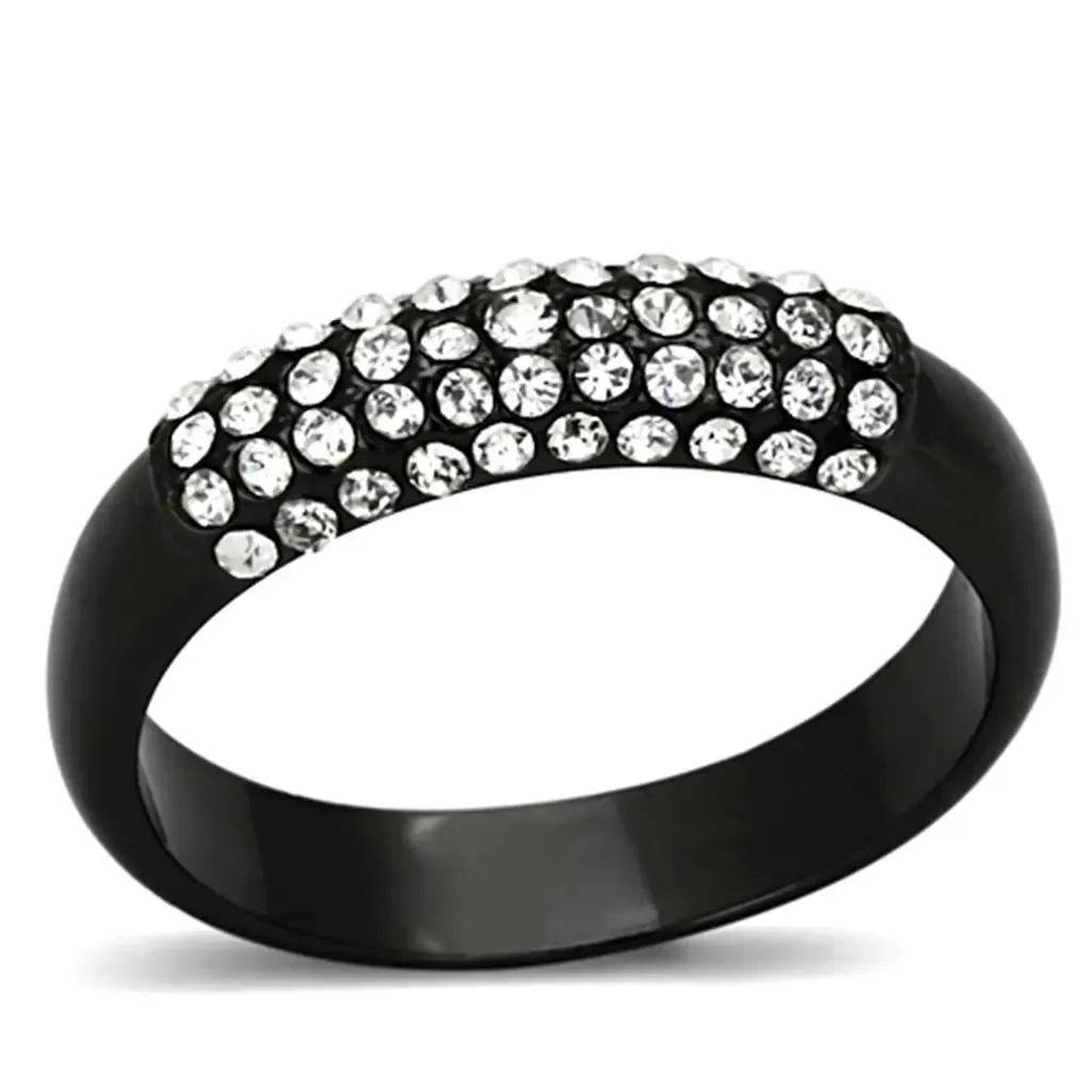 Sleek Cobalt Black Brass Ring with Clear Top Grade Crystals, Night Out Jewelry, High-Impact Look