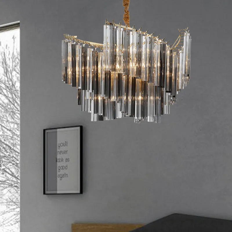 Sleek Smoke Gray Chandelier - Postmodern Spiral Design, Crystal Rods - Perfect for Living Room Lighting - 5/10 Heads Hang Lamp